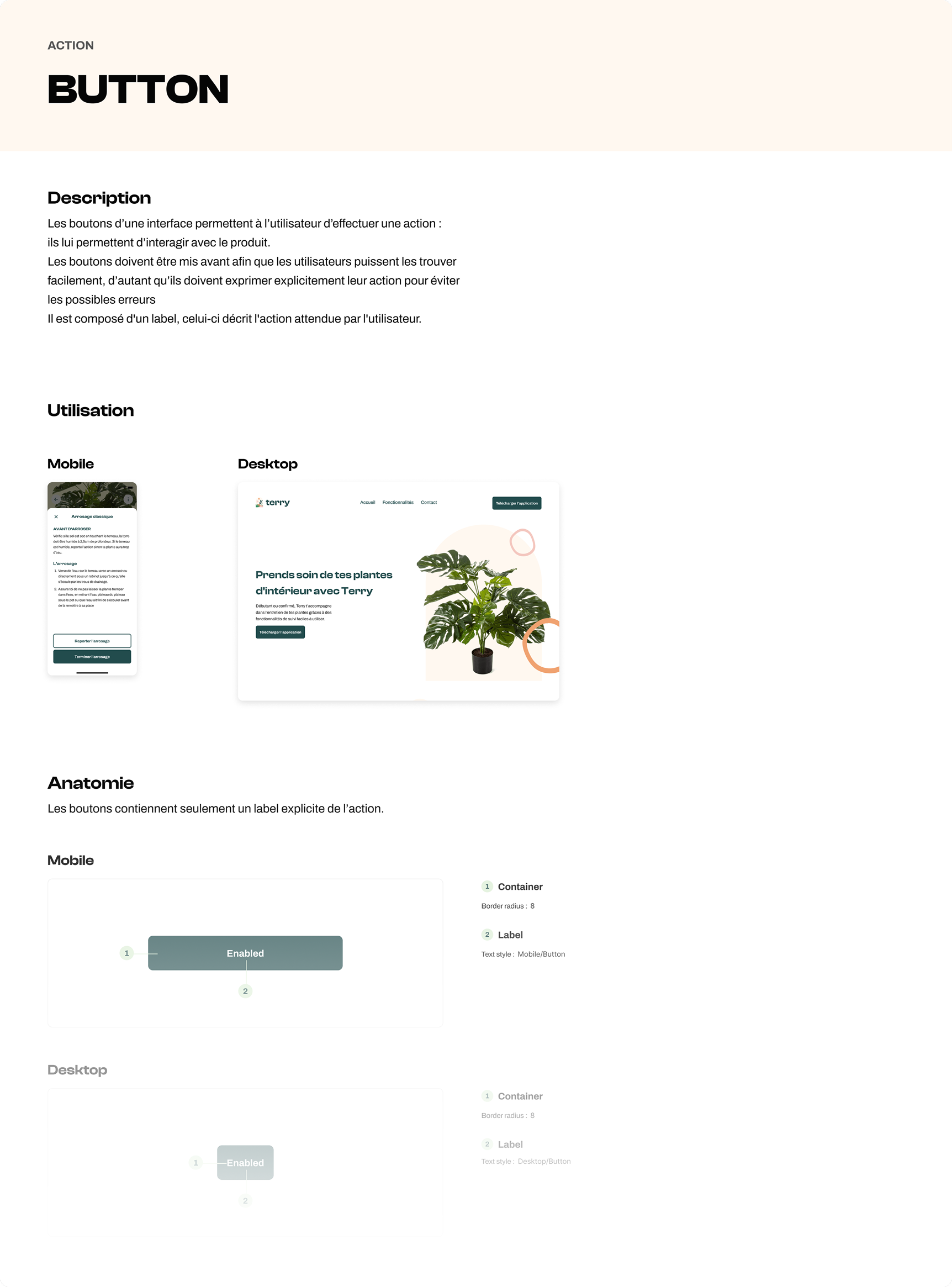 Extrait de la documentation du composant bouton de l'application Terry.