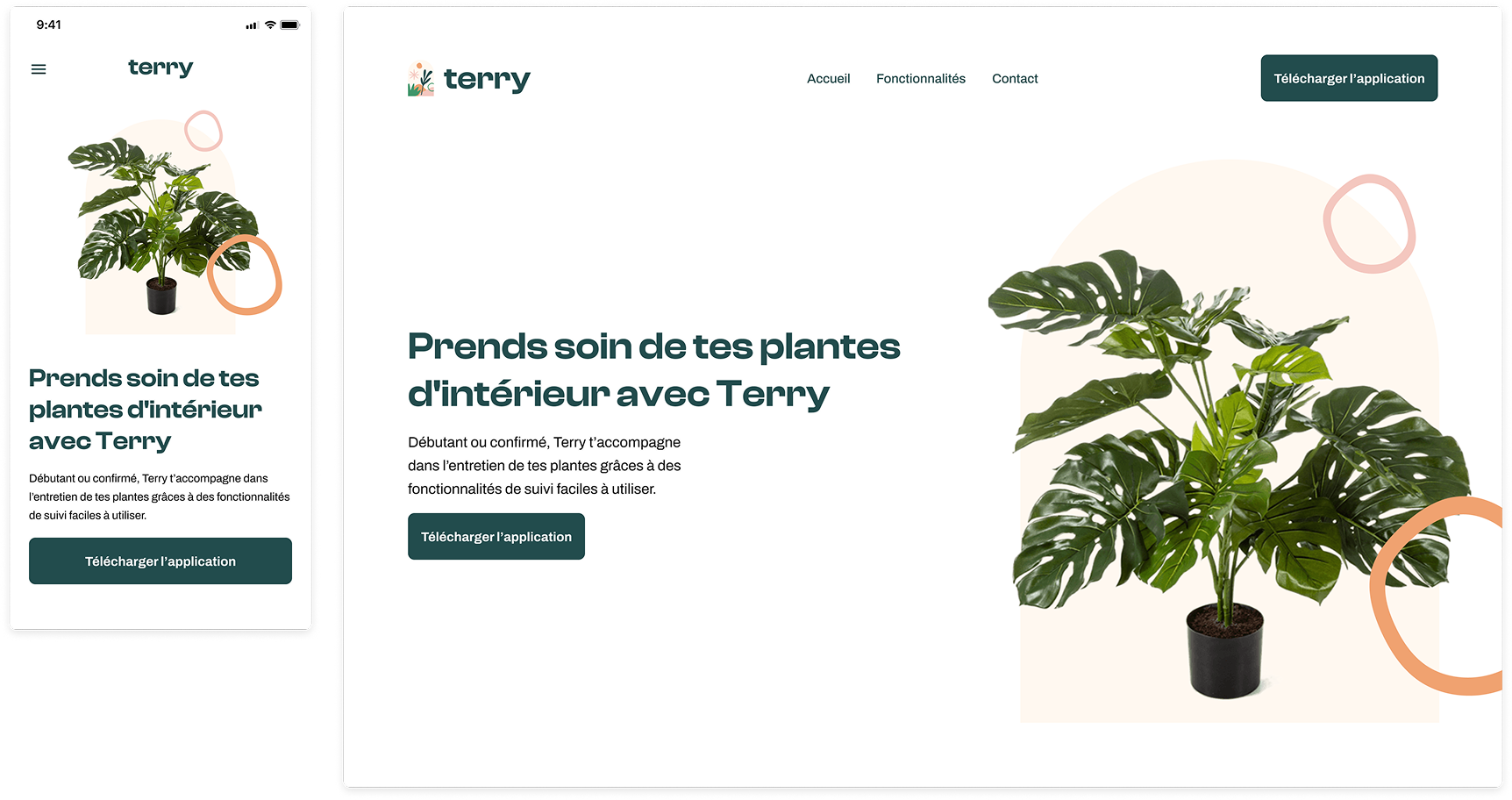 Extraits mobile et desktop de la landing page de l'application Terry.